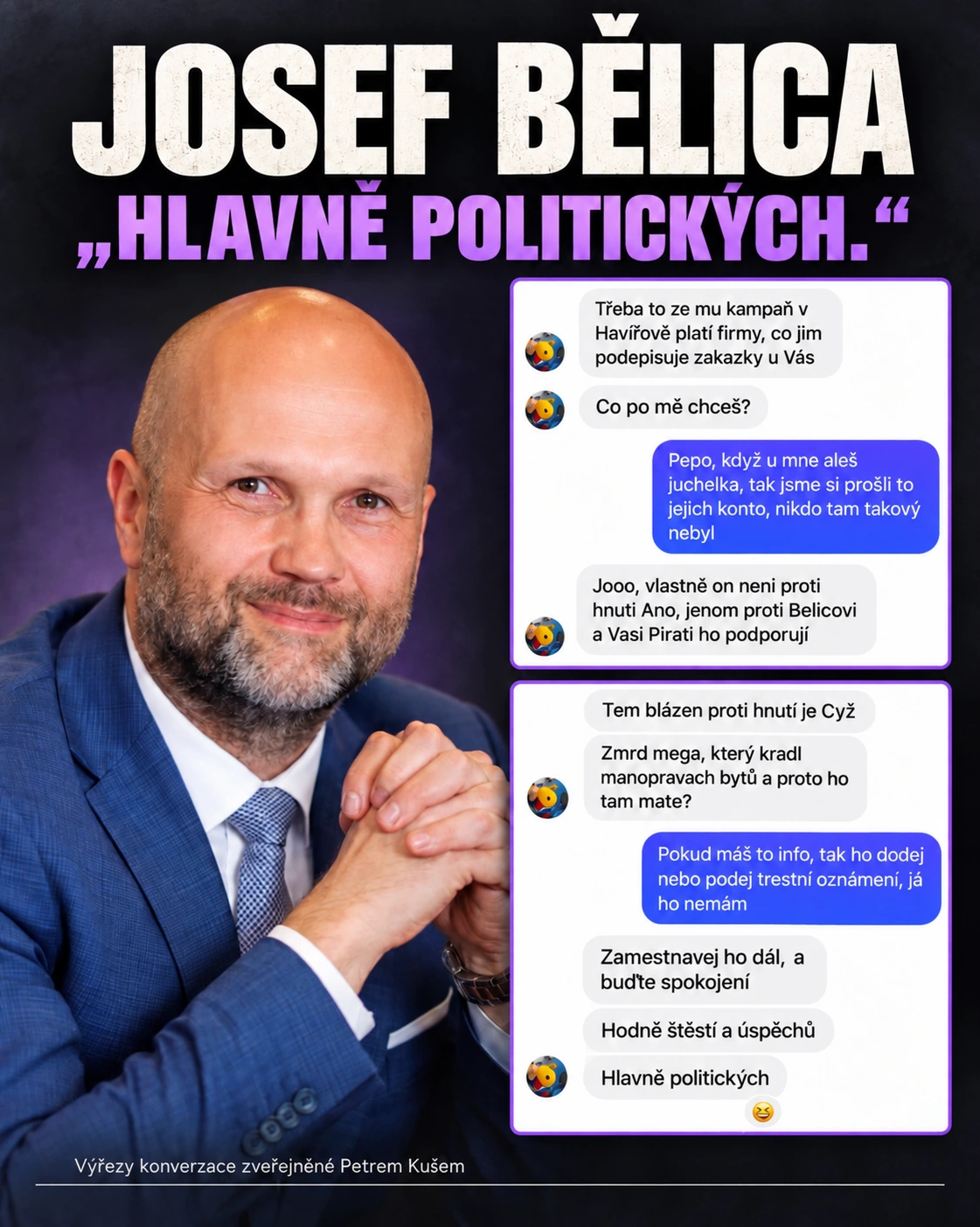 Redakční koláž s portrétem Josefa Bělici a titulkem Hlavně politických.