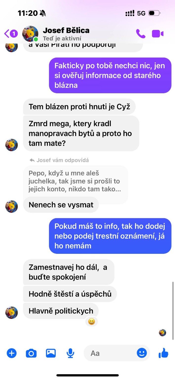 Závěr zveřejněné komunikace. Zprávy o zaměstnání Martina Cyže a závěrečné přání politických úspěchů.
