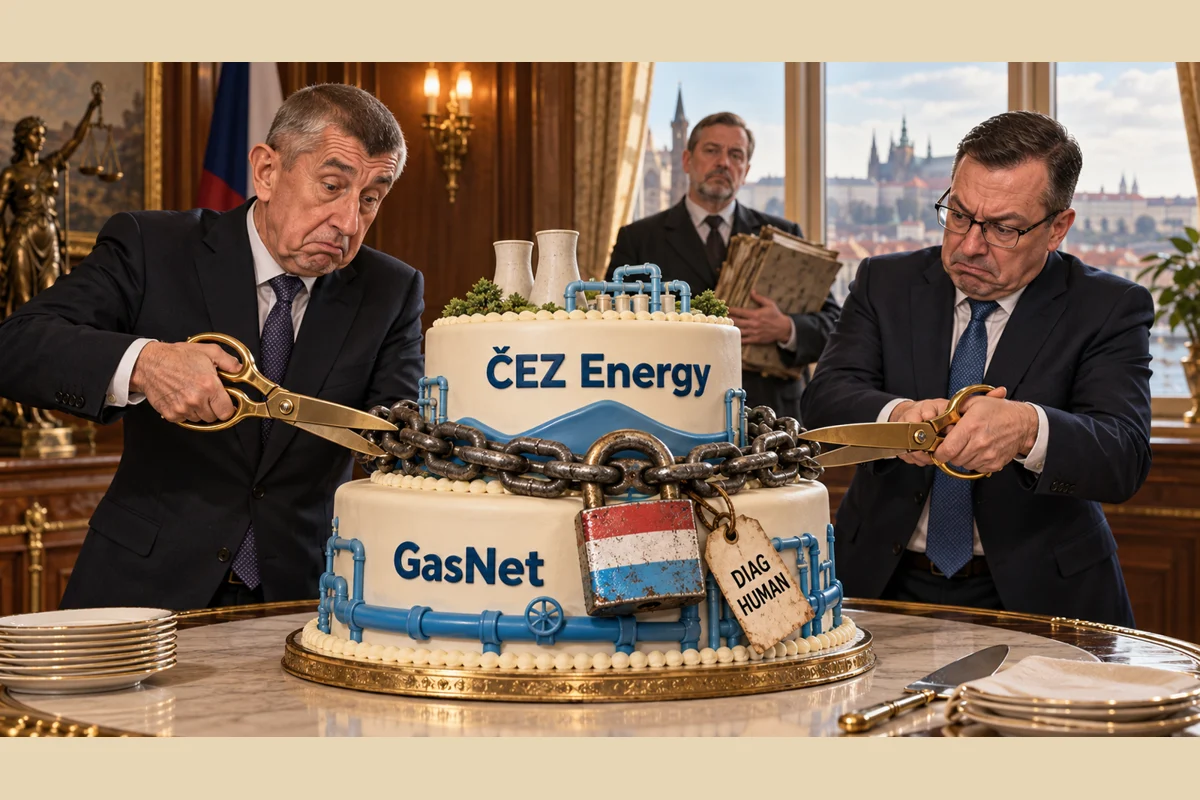 Satirická AI ilustrace energetického plánu ČEZ a starého spisu Diag Human.