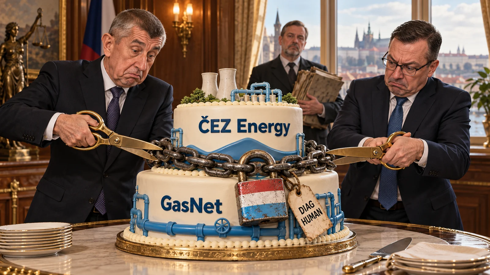 Satirická AI ilustrace Andreje Babiše a Daniela Beneše s nůžkami u dortu ČEZ Energy a GasNet, zamčeného řetězem s cedulkou Diag Human.